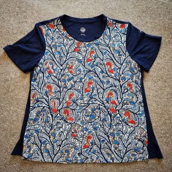 Tory Burch Silk Front Linen Top Bird Print Short Sleeve Blue Graphic Blouse L - Picture 3 of 8